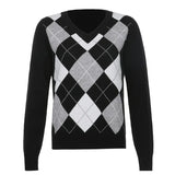 Autumn Black V Neck Vintage Knit Sweater Casual Argyle Plaid Jumper Women 90s Preppy Style Long Sleeve Pullover