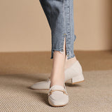 Luxury Metal Buckle Pumps Women Low High Heels Square Toe Shoes Ladies Solid Leather Mary Janes Femme Office Dress