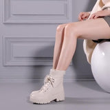 Style Little Martin Boots, Leather, Thick Soles, Fluffy Rice, White Ties, Flat-Soled Chelsea