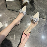 Breakj Summer New Korean Version Of The Bow Water Diamond Tip Head Half Drag High Heel Slippers Thin Heel Women's