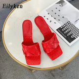 Summer New Design Weave Square Toe Heels High Quality PU Leather Slippers Gladiator Beach Womens Sandal Slides