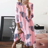 Women Autumn buttertly leaf Print long sleeves Dresses Elegant casual O Neck Knee-length Dress Summer loose Dresses