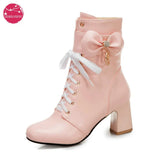 Women Sweet Bow Boots Mid Heels Lace Up Lolita Bow-Knot Side Zipper Ankle Booties Crystal Pendant Pink Black White Size