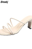 Green Summer Women Square Toe Sandals Ladies Snake Print Strappy Mules 6CM High Heels Slippers Female Fashion Woman