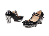 Women's Cute Lolita Cosplay Shoes T Strap Patent Leather Bow Mid Chunky High Heel Mary Jane Pumps Patchwork Striped
