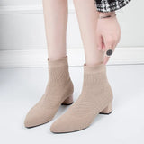 Autumn And Winter New Pointed Middle-Sleeve Boots Women's Thick Heels, Knitted Fashion Elastic Boots, Comfortable Casual