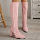 style Women motorcyle boots Fashion Square toe Knee high boots Autumn Winter Warm patent leather High heels boots