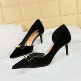 Breakj Banquet Ultra High Heel Shallow Pointed Tip Side Hollow West Shi Suede High Heel