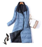 Women Double Sided Down Long Jacket Double Breasted Snow Outwear Warm Parka Stand Collar Lapel 90% White Duck Down