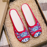 Breakj Round Head Embroidered Cloth Shoes Beef Tendon Bottom Flat Bottom Soft Bottom Canvas Slippers Female Ethnic Wind Blue And White