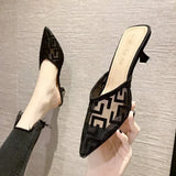 Semi-Slippers Women Wear 2024 New Summer Net Yarn Pointed High-Heeled Shoes Heel