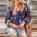 Bohemian Printed Tops Women's Spring Blouses ZANZEA 2022 Casual Tassel Puff Sleeve Shirts Femlae V Neck Lace-Up