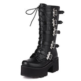 Bat Decoration Gothic Boots Women Patent Leather Mid Calf Boots For Women Belt Buckle Combat Motorcycle Boots