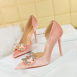 Breakj Banquet High Heels Fine Heel Shallow Mouth Tip Side Hollow Out And Thick Suede Water Diamond Button Bow Single