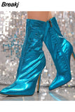 Style Sexy Women Boots 2023 New Trendy Thin Heels Metal Shiny Female Boots Pointed Toe Zipper Club Queen Mid Calf