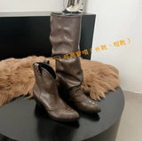 Breakj Piles Of Long Boots Women Western Boots Coarse But Knee Belt Buckle Trouser