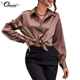 Celmia Women Satin Silk Basic Shirts 2022 Spring Casual Long Sleeve Blouse Elegant Solid Color Lapel Party Tops Fashion