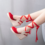 Breakj Round Head Water Table Slope Sandals Roman Strap High Heel Sandals Hollow Summer Grass Table Sandals