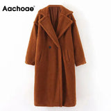 Winter Casual Solid Teddy Coat Women Long Sleeve Fleece Long Jacket Turn Down Collar Lamb Fur Coat Outerwear