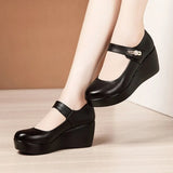 2021 Spring Leather Shoes Women Platform Wedges Shoe High Heels Round Toe Comfortable Black Women Pumps Large Size