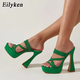 2022 New Green Square toe Narrow Band Slippers Slides Summer Fashion Gladiator Sandals Women Shoes Square Heels
