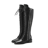 Women Knee High Boots Shoes Genuine Leather Mid Heel Ladies Boots Zipper Cross Tied Thick Heels Long Boots Winter