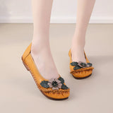 Summer New National Wind Leather Flower Single Shoes Beef Tendon Bottom Leisure Flat Bottom Women's Shoes Middle-Aged And