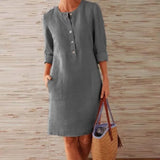 2020 Winter Autumn Button Cotton Linen Dress women Elegant O-Neck Knee length Long Sleeve Pocket Solid Dress Plus Size