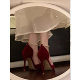 Breakj Women 2025 Summer New Wine Red Pointed Engagement Wedding Shoes Thin Heel With Pearl Chain
