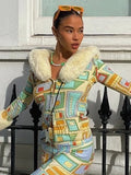 Y2K Print Knit Cardigans Women Long Sleeve Furry Korean Fashion Winter Slim Cotton Streetwear Vintage Button