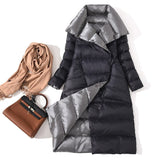 New Women Double Sided Down Long Jacket Winter Turtleneck White Duck Down Coat Double Breasted Warm Parkas Snow