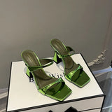 Summer New Fashion Versatile One-Word Square Head Sandals Comfortable Thick Heel Solid Color High-Heeled Slippers To