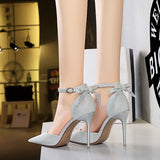 Breakj Hollow High Heels Fine Heel High Heel Shallow Pointed Hollow Out One Word Belt Back Bow