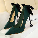 Breakj Korean Version Of Sweet High Heels Women's Shoes With High Heel Suede Shallow Pointed Head Of Color Bow Single