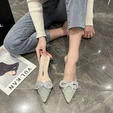 Breakj Summer New Korean Version Of The Bow Water Diamond Tip Head Half Drag High Heel Slippers Thin Heel Women's