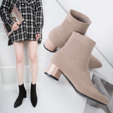 Autumn And Winter New Pointed Middle-Sleeve Boots Women's Thick Heels, Knitted Fashion Elastic Boots, Comfortable Casual