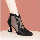 Breakj Hollow Head Sandals Women High Heels Sandals Women Wear Thick Heel Pointed Breathable Net Boots Women's