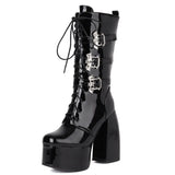 Punk Women Solid Buckle Lace Up Bat Decoration High Heel Plarform Women Boots 2021 Casual Trendy Luxury Winter