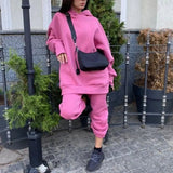 Casual Fleece Two Piece Set Long Sleeve Hoodie Pullover Sweatshirt And Jogging Sweatpant Suit Loose Solid Female