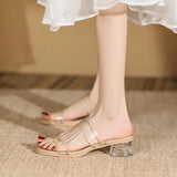 Breakj Summer French Web Celebrity One Word With Transparent Low Heels Fashion Sandals Thick Heels Crystal And Cool