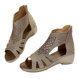 2023 Summer New Large-Size Slope Heel Diamond Roman Sandals Women's Zipper Leisure