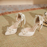 Flower Bow Pearl Chain Waterproof Platform Heel Heels Not Tired Wedding Shoes High