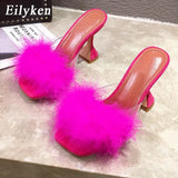 Woman Feather Transparent High heels Fur Slippers Sandals Women Peep toe Mules Lady Pumps Slides White size