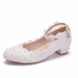 Breakj 3 Cm Square-Headed Single-Shoe One-Word Wristband Spring And Autumn White Lace Wedding Shoes Bridesmaids