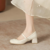 Breakj Mary Jane Shoes Female Camellia Thick Heel Single Shoes Hepburn Wind Professional Single Shoes Women's Word Buckle Square Head