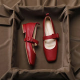 Square Light-heeled Ballet Shoes French Solid Color Flat Shoes Romantic Lady Retro Buckle Strap Women's Flat