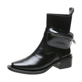 High Heel Women Fashion Pocket Boots Office Elite Slip-on Ladies Ankle Boots Leisure PU Black Square Head Women