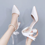 Breakj Cm Thick Heel Pointed Sandals With Shallow Female Sandals White Beaded Wedding Bride High Heels Large-Size
