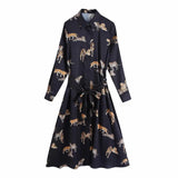 Tiger Print Sashes Turndown Collar Shirt Dress Female Long Sleeve Loose Clothes Casual Lady Vestido