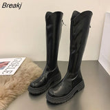Winter Platform Women Long Boot Fashion Thick Sole Flats Heels Round Toe Knee High Boot Back Zipper knight